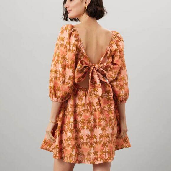 Kivari Tropical Linen Fit Flare Mini Dress SIZE 8 Cottage Palm Bow Designer $269 - Picture 3 of 11